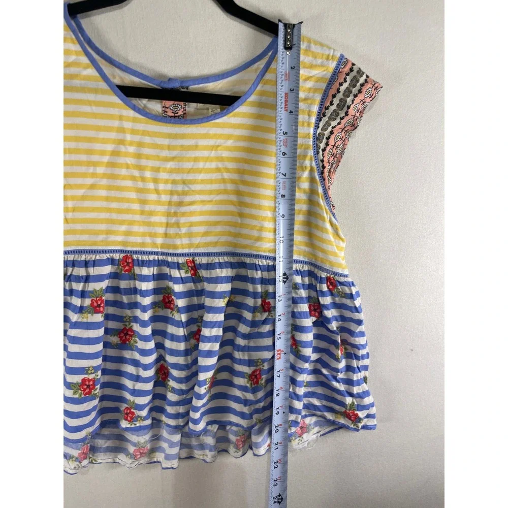 Matilda‎ Jane Mixed Media Striped Floral Babydoll Top Yellow Blue Cap Sleeve XL